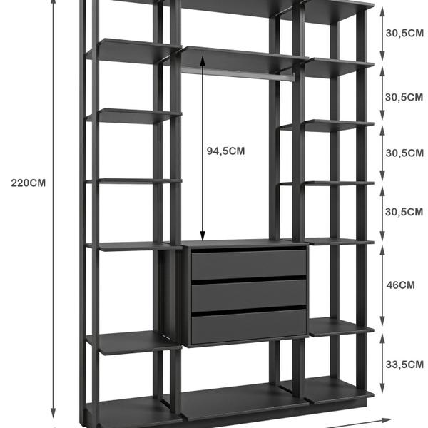 Imagem de Conjunto Closet Guarda Roupa 5 Prat. 3 Gav. 1 Cab 1520x2200x445 Mm Grafite