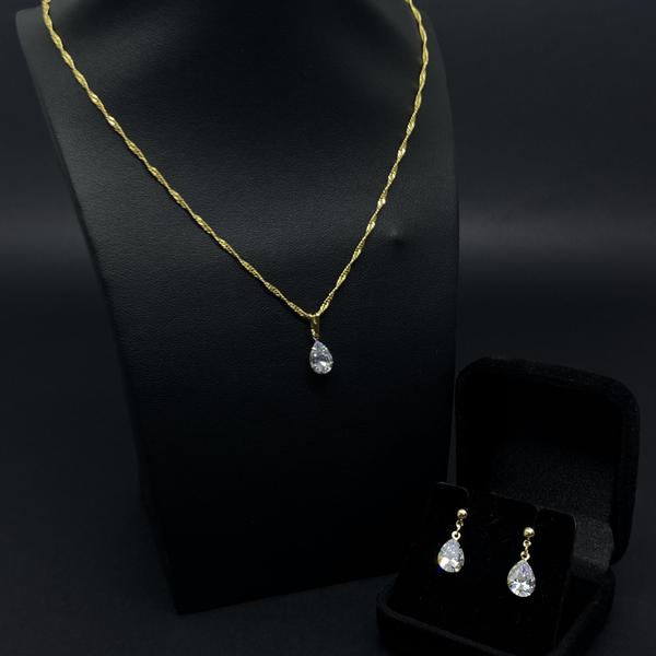 Imagem de Conjunto Colar Ouro 45cm Singapura + Brinco Feminino Gota Zirconia + Pingente Diamante Sintético Kit