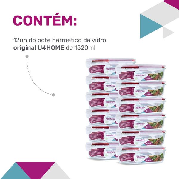 Imagem de Conjunto Com 12 Potes De Vidro Retangular Hermética 1520ml