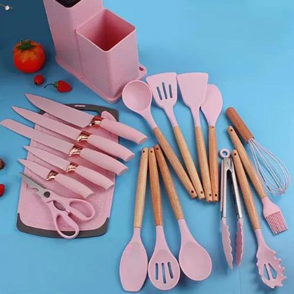 Imagem de Conjunto Com 19 Utensílios Cozinha Silicone Concha Espátula Rosa