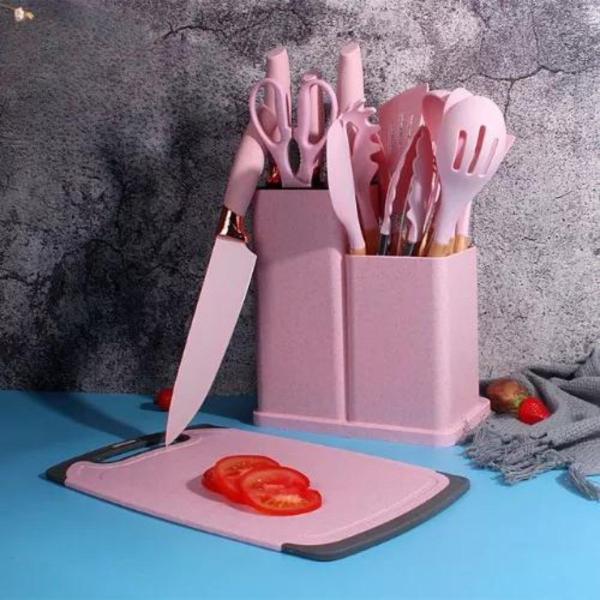 Imagem de Conjunto Com 19 Utensílios Cozinha Silicone Concha Espátula Rosa