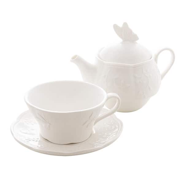 Conjunto com 3 Peças para Chá Butterfly Flower Lyor de Porcelana com Xícara Pires Bule 400ml Branco