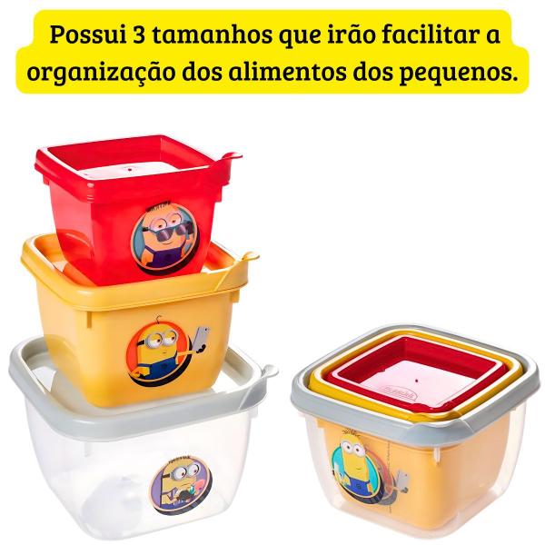 Imagem de Conjunto Com 3 Potes Conect Hermético Quadrado Minions Colorido Criança Infantil