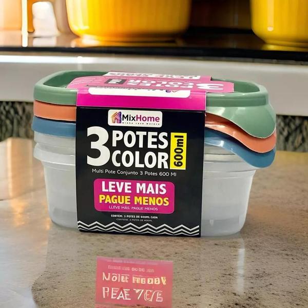 Imagem de Conjunto Com 3 Potes Tampa Colorida 600 ml - Mix Home