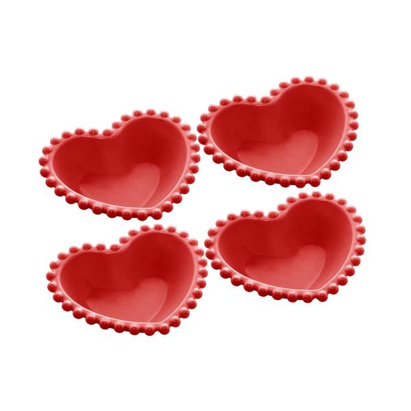 Imagem de Conjunto com 4 bowls de coração de porcelana vermelho multiuso para cozinha - bowl tigela wolff