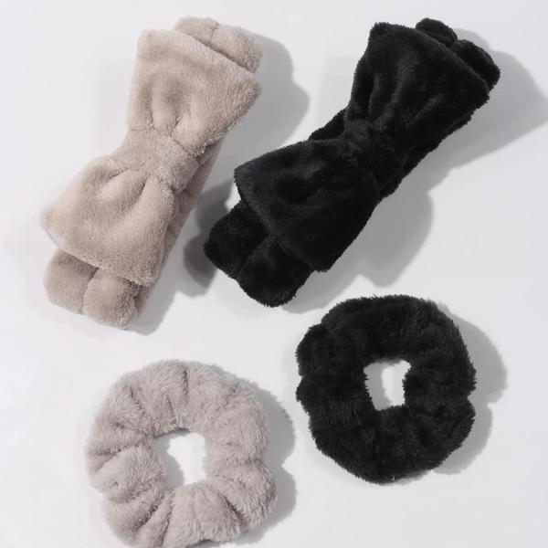 Conjunto com 4 Faixas de Cabelo de Pelúcia Monocromáticas Imagem de Conjunto com 4 Faixas de Cabelo de Pelúcia Monocromáticas