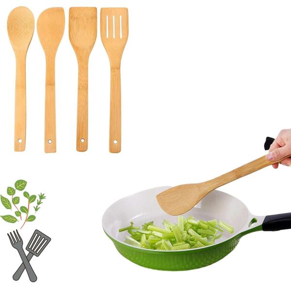 Imagem de Conjunto com 4 Utensílios de Bambu p/ Cozinhar e Servir 30cm