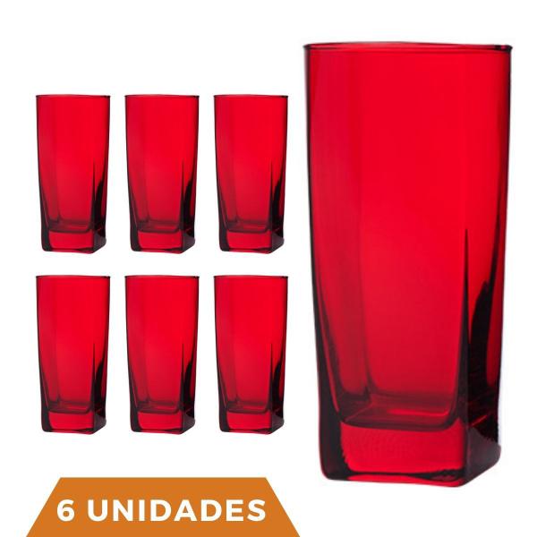 Imagem de Conjunto Com 6 Copos Vidro Bali Quadrado 320ml Vermelho