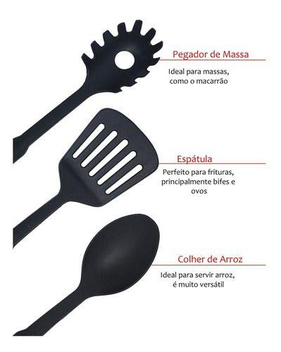 Imagem de Conjunto Com 6 Peças Colher Concha Escumadeira Espátula Pegador De Massas Em Nylon Black Pode Ser Pendurado