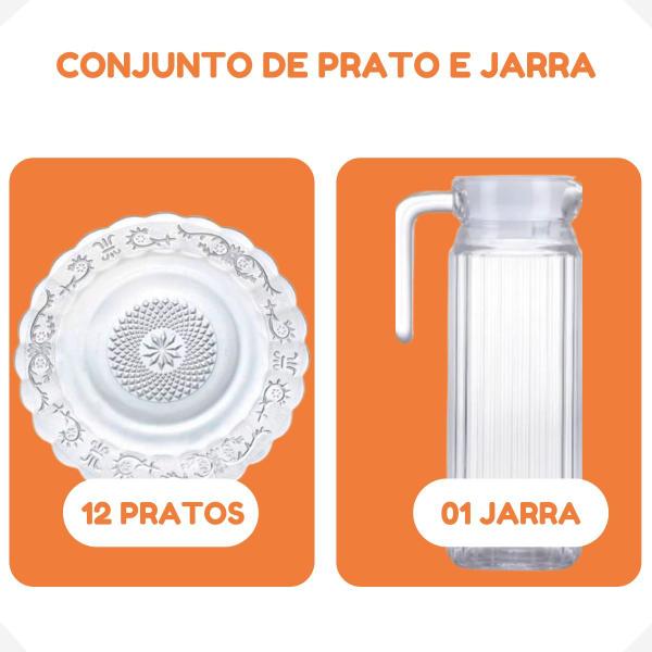 Imagem de Conjunto Completo 12 Pratos Fundo De Vidro + Jarra 1 Litro