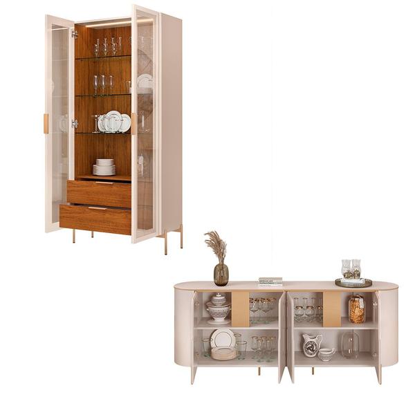 Imagem de Conjunto Cristaleira Decorativa Vitória 2 Portas de Vidro e Buffet América 4 Portas Pés Metálicos Dourados Off White/Freijó G18 - Gran Belo