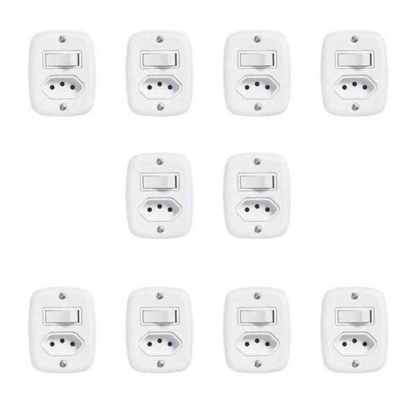 Imagem de Conjunto de 10 Interruptores de 1 Tecla Simples e Tomada 2p+t 20A , com Placa de Sobrepor Branco