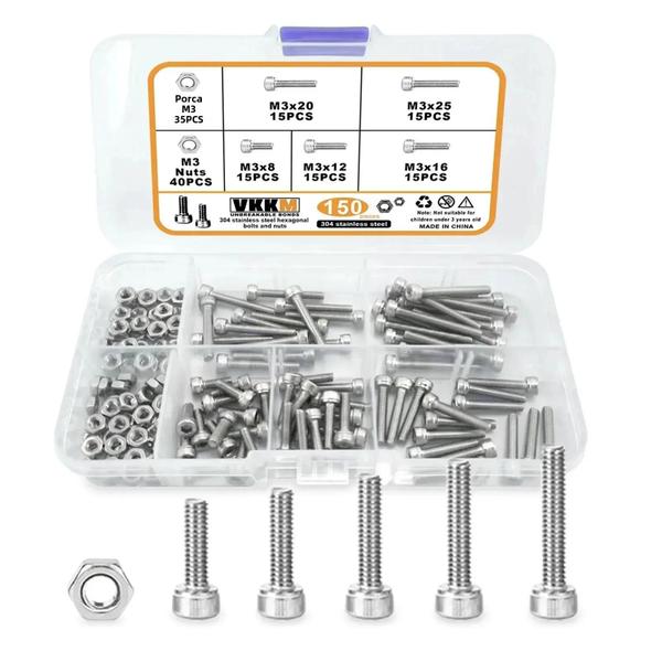 Conjunto de 150 Parafusos e Porcas de Aço Inoxidável M3 - Cabeça Sextavada Imagem de Conjunto de 150 Parafusos e Porcas de Aço Inoxidável M3 - Cabeça Sextavada