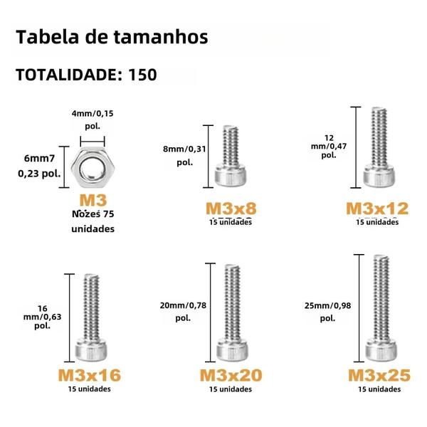 Conjunto de 150 Parafusos e Porcas de Aço Inoxidável M3 - Cabeça Sextavada Imagem de Conjunto de 150 Parafusos e Porcas de Aço Inoxidável M3 - Cabeça Sextavada