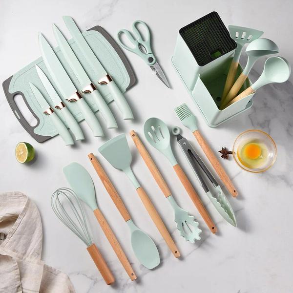 Imagem de Conjunto De 19 Pçs De Cozinha Em Silicone Com Cabo Em Madeira - Kit Completo De Utensílios