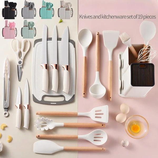 Imagem de Conjunto De 19 Pçs De Cozinha Em Silicone Com Cabo Em Madeira - Kit Completo De Utensílios