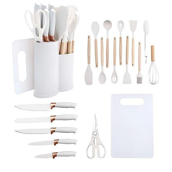 Imagem de Conjunto de 19 Utensílios de Cozinha em Silicone com Cabos de Madeira e Base Oval - Branco