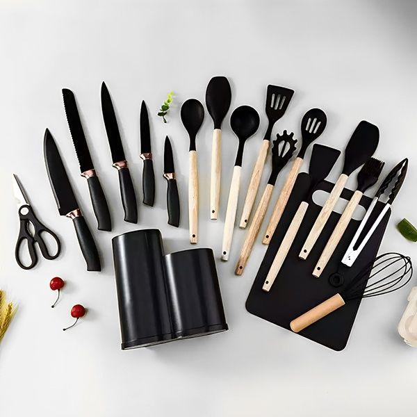 Imagem de Conjunto de 19 Utensílios de Cozinha em Silicone com Cabos de Madeira e Base Oval - Preto