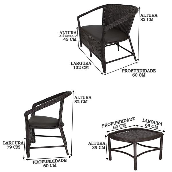 Imagem de Conjunto de 2 Poltronas e Namoradeira Assento Estofado com Mesa Fibra Sintética - Marrom Tabaco - Navegantes