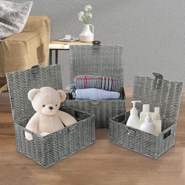 Imagem de Conjunto de 3 cestos de armazenamento Honygebia Grey Wicker com tampas e fechadura