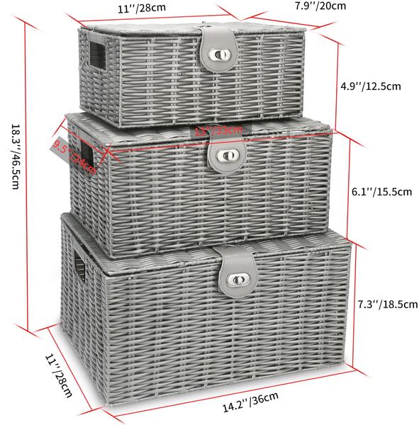 Imagem de Conjunto de 3 cestos de armazenamento Honygebia Grey Wicker com tampas e fechadura