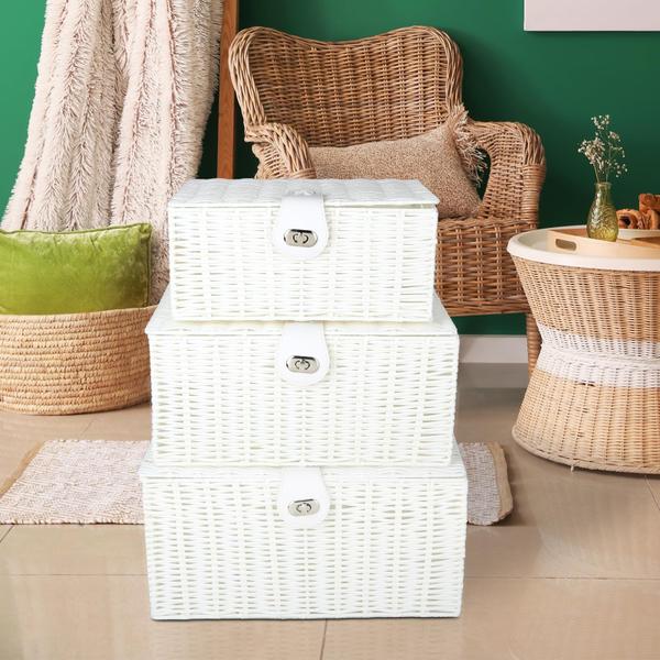 Imagem de Conjunto de 3 cestos de armazenamento Honygebia White Wicker com tampa e fechadura