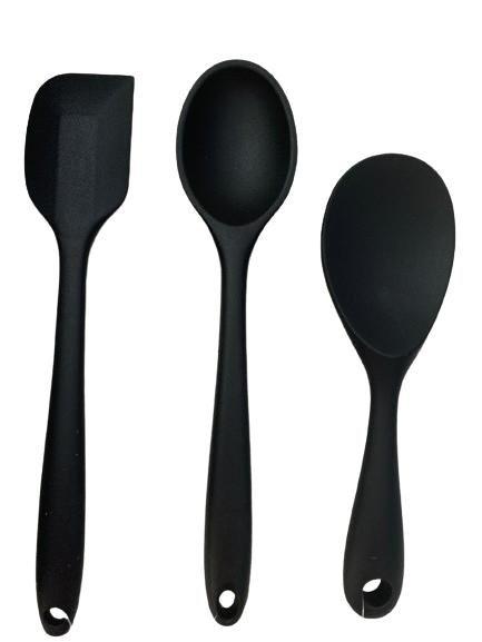 Conjunto de 3 Peças - Colher de Arroz 22,5cm e 27cm e Espátula 27cm em Silicone Preto - UNYHOME Imagem de Conjunto de 3 Peças - Colher de Arroz 22,5cm e 27cm e Espátula 27cm em Silicone Preto - UNYHOME