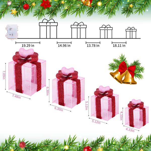 Imagem de Conjunto de 4 caixas de presente com luz de coração rosa para decoração de Natal