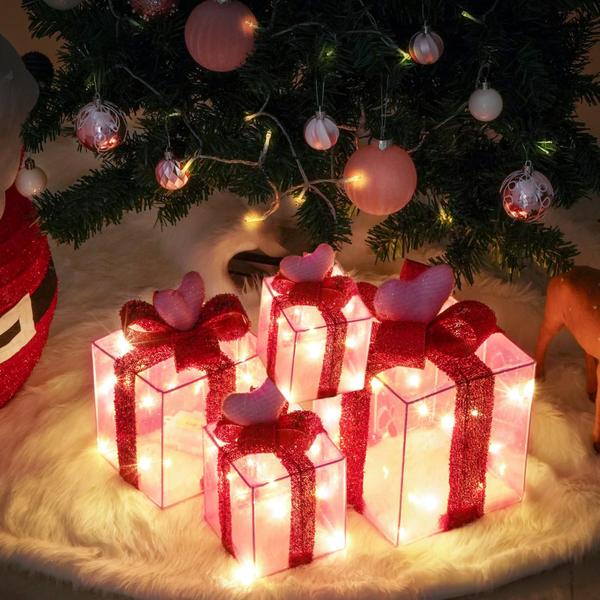 Imagem de Conjunto de 4 caixas de presente com luz de coração rosa para decoração de Natal