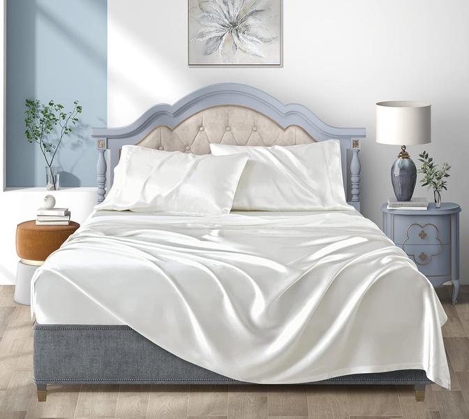 Imagem de Conjunto de 4 peças de lençóis de cetim Luxbedding King Size White