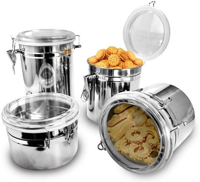 Conjunto De 4 Potes Herméticos Para Mantimento De Aço Inox - Ke Home Imagem de Conjunto De 4 Potes Herméticos Para Mantimento De Aço Inox