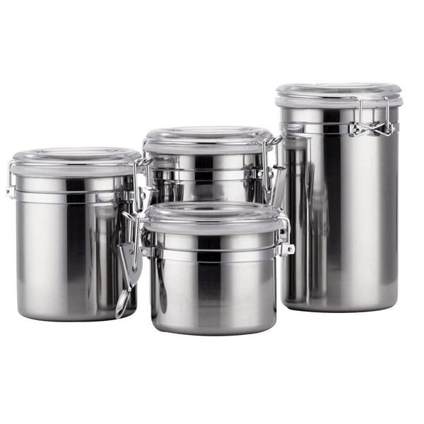 Conjunto De 4 Potes Herméticos Para Mantimento De Aço Inox - Ke Home Imagem de Conjunto De 4 Potes Herméticos Para Mantimento De Aço Inox