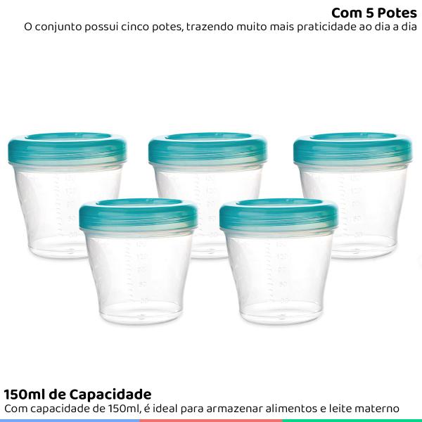 Imagem de Conjunto de 5 Potes Papinha Bebe Infantil Multiuso Graduados 150ml Transparente C/ Tampa Azul Kababy