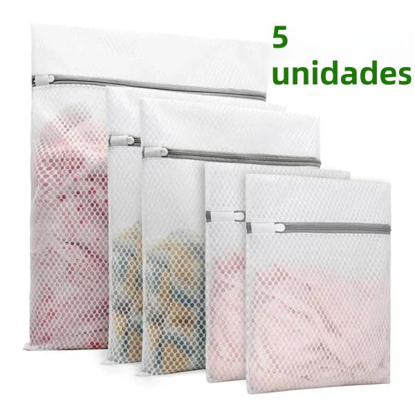 Imagem de Conjunto de 5 Sacos de Lavanderia em Malha - Grande, Médio e Pequeno - Duráveis e com Design Favo de Mel