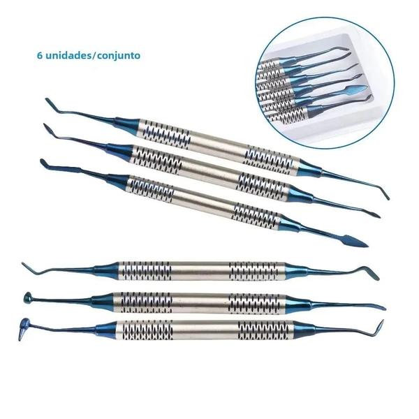 Imagem de Conjunto de 6 Espátulas de Resina Dentária com Cabeça Dupla - Banhadas a Titânio