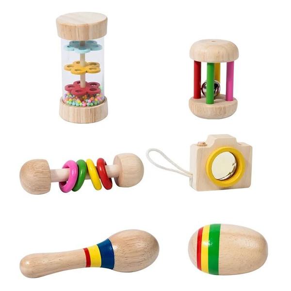 Imagem de Conjunto de 6 Instrumentos Musicais de Madeira para Bebês - Chocalho, Martelo de Areia e Bola