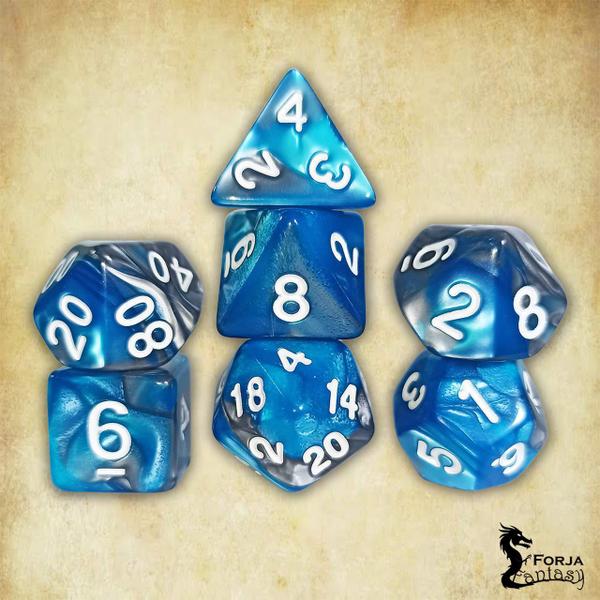 Imagem de Conjunto de 7 dados - Mesclado Azul Celeste-Cinza - RPG