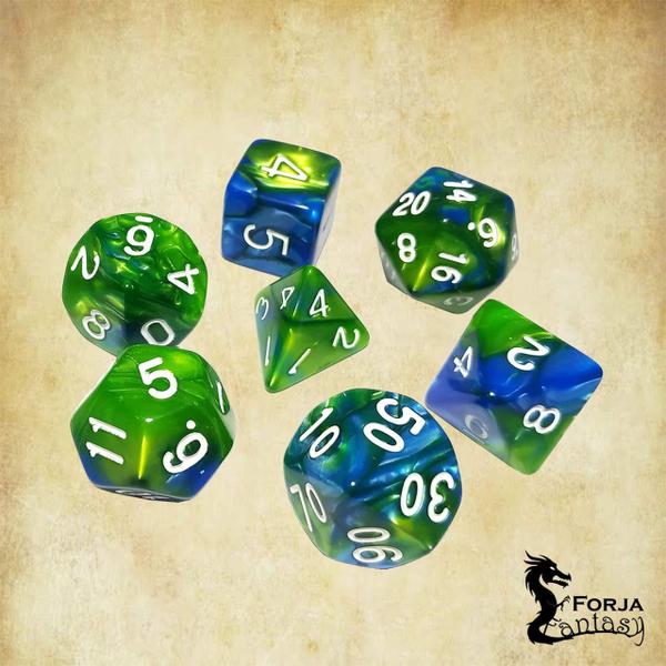 Conjunto de 7 dados- Mesclado Verde-Azul - RPG - T&G Imagem de Conjunto de 7 dados- Mesclado Verde-Azul - RPG