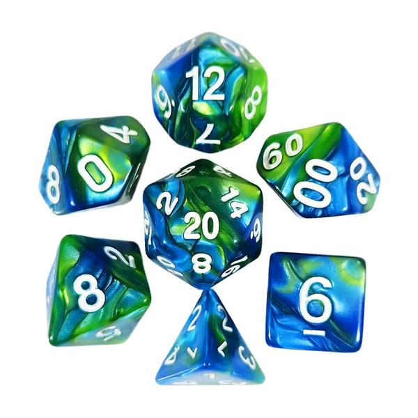 Conjunto de 7 dados- Mesclado Verde-Azul - RPG - T&G Imagem de Conjunto de 7 dados- Mesclado Verde-Azul - RPG