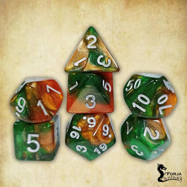 Imagem de Conjunto de 7 dados - Mesclado Verde-Dourado - RPG