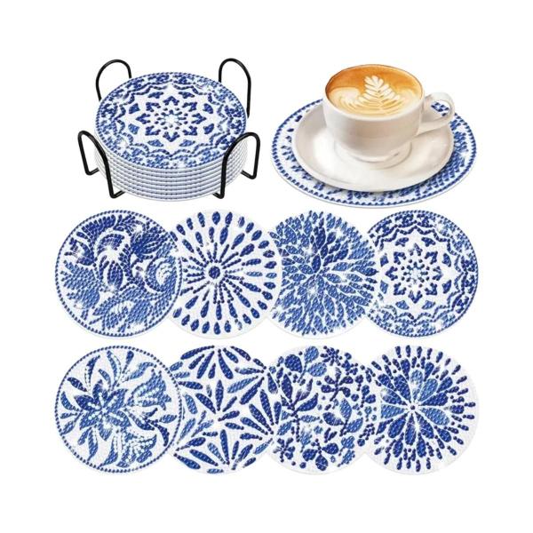 Imagem de Conjunto de 8 Porta-Copos Pintados com Diamante - Padrão Azul e Branco em Porcelana