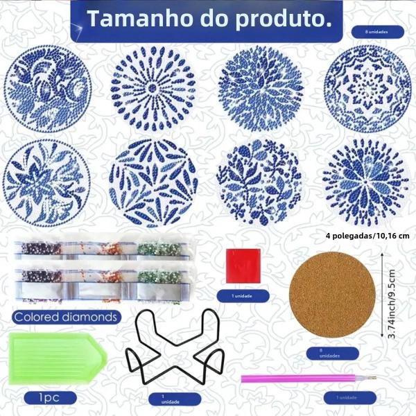 Imagem de Conjunto de 8 Porta-Copos Pintados com Diamante - Padrão Azul e Branco em Porcelana