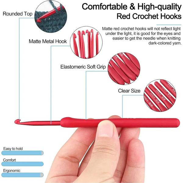 Conjunto de 9 Ganchos de Crochê de Alumínio com Alça de Silicone Ergonômica Vermelha Imagem de Conjunto de 9 Ganchos de Crochê de Alumínio com Alça de Silicone Ergonômica Vermelha