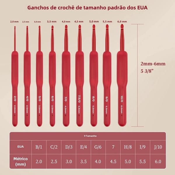 Conjunto de 9 Ganchos de Crochê de Alumínio com Alça de Silicone Ergonômica Vermelha Imagem de Conjunto de 9 Ganchos de Crochê de Alumínio com Alça de Silicone Ergonômica Vermelha