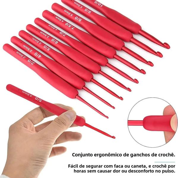 Conjunto de 9 Ganchos de Crochê de Alumínio com Alça de Silicone Ergonômica Vermelha Imagem de Conjunto de 9 Ganchos de Crochê de Alumínio com Alça de Silicone Ergonômica Vermelha