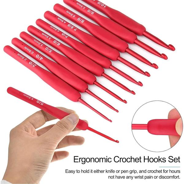 Conjunto de 9 Ganchos de Crochê de Alumínio com Alça de Silicone Ergonômica Vermelha Imagem de Conjunto de 9 Ganchos de Crochê de Alumínio com Alça de Silicone Ergonômica Vermelha