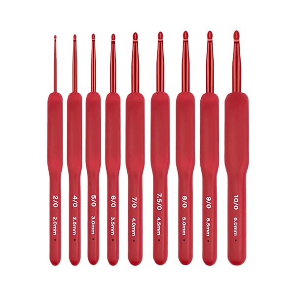 Conjunto de 9 Ganchos de Crochê de Alumínio com Alça de Silicone Ergonômica Vermelha Imagem de Conjunto de 9 Ganchos de Crochê de Alumínio com Alça de Silicone Ergonômica Vermelha
