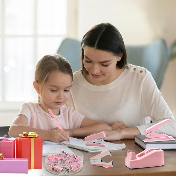 Imagem de Conjunto de acessórios de mesa UPIHO Pink com grampeador, dispensador de fita