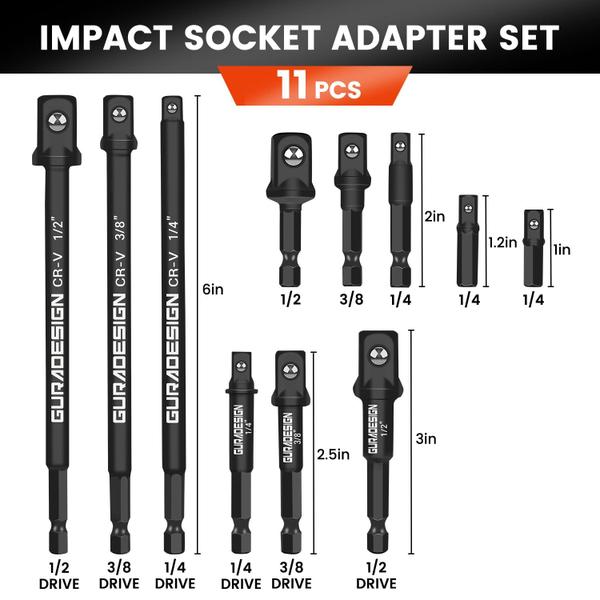 Imagem de Conjunto de adaptadores de soquete GURADESIGN de 11 peças para Drill Impact Driver