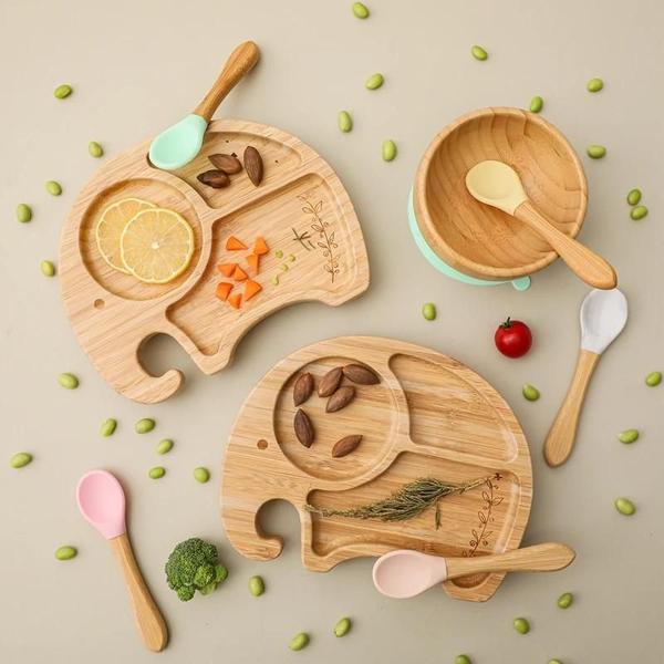 Conjunto de Alimentação para Bebês em Bambu - 4 Peças Anti-Quente e à Prova d'Água Imagem de Conjunto de Alimentação para Bebês em Bambu - 4 Peças Anti-Quente e à Prova d'Água